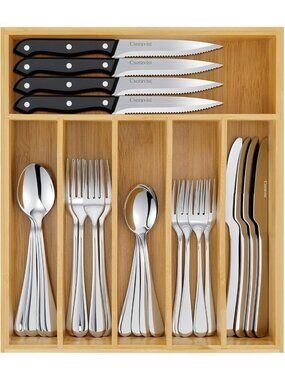 49-Piece Silverware Set with Bamboo Organizer | Flatware Utensil Set for 8